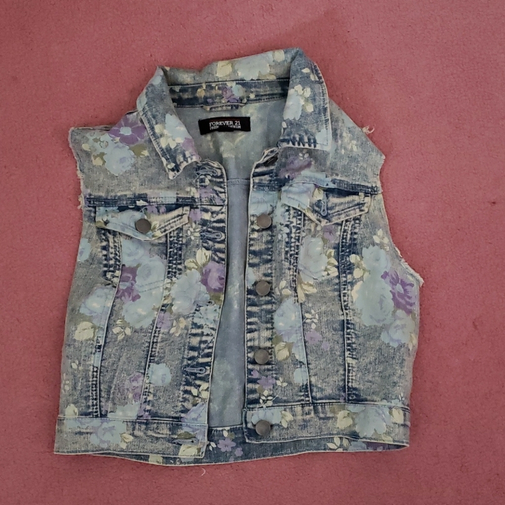 Forever 21 floral denim Jean jacket vest